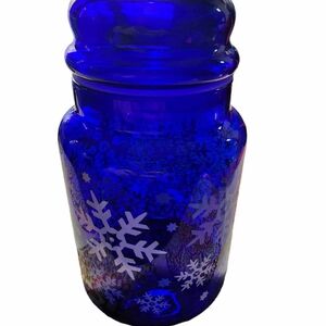 Libbey cobalt blue glass snowflake jar.